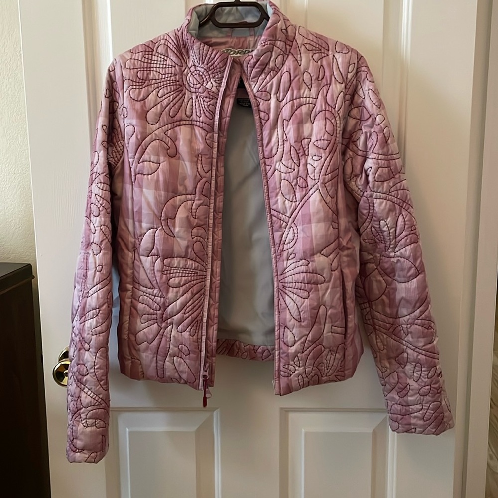 Nordica Women’s XS quilted embroidered pink plaid jacket. Grey inside. Like new